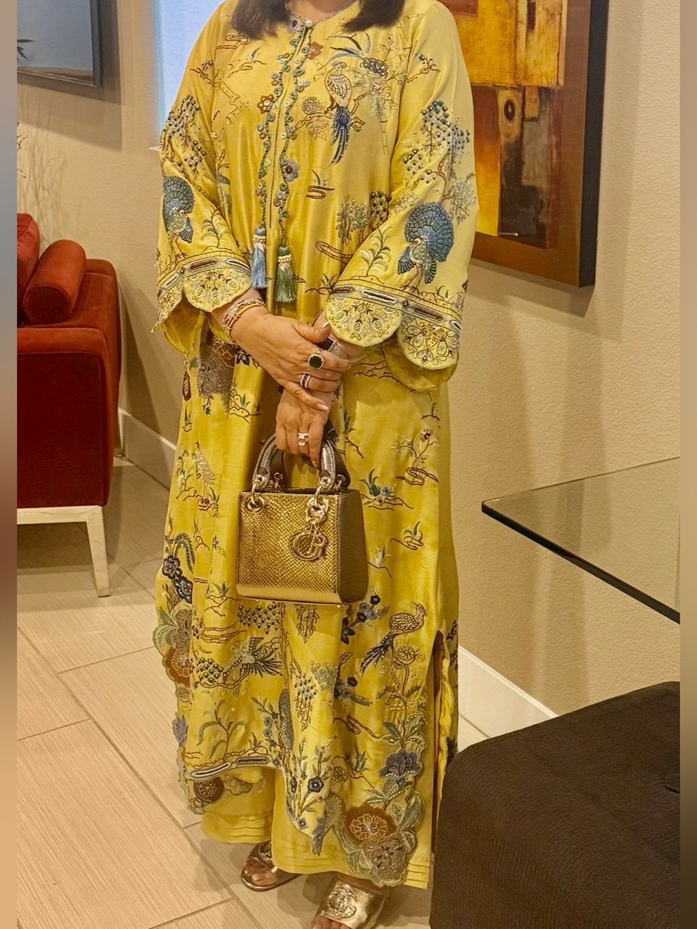 Yellow Embroidered Long Sleeve Maxi Dress with Tassel Detail